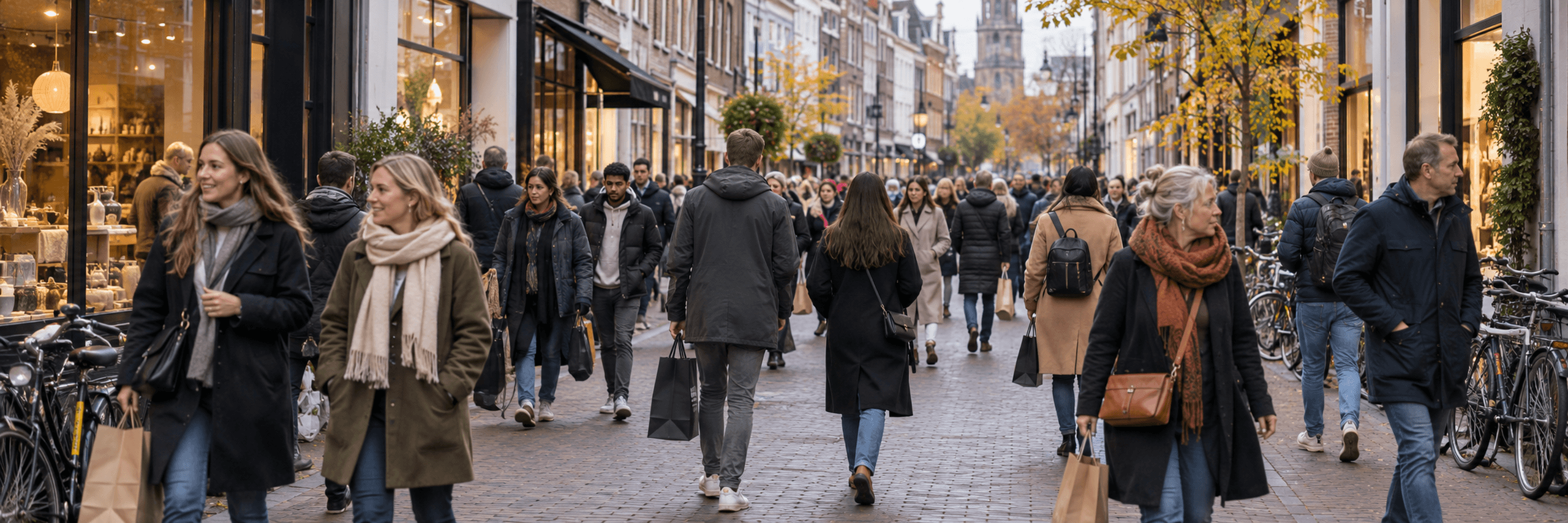 Drukke Nederlandse winkelstraat in het najaar, enkele weken voor Black Friday